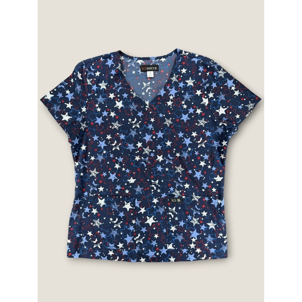 Koi Basics Scrub Top Womens Medium M Navy Blue Patriotic Star Print V-Neck